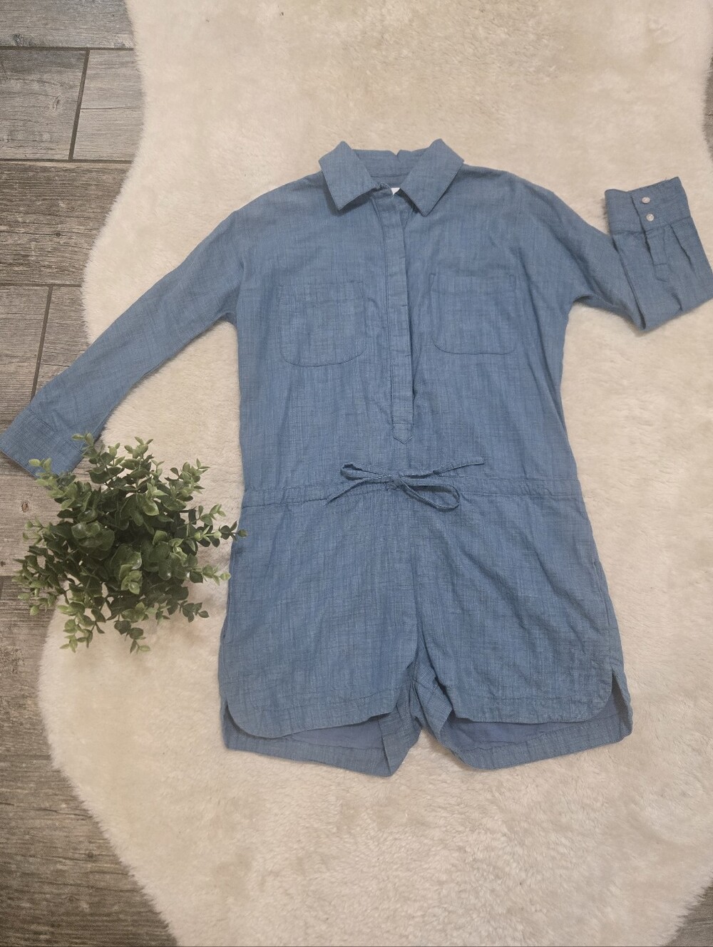 Element Blue Chambray Eden Poppy Preppy Casual Minimalist Cotton Romper, XS
